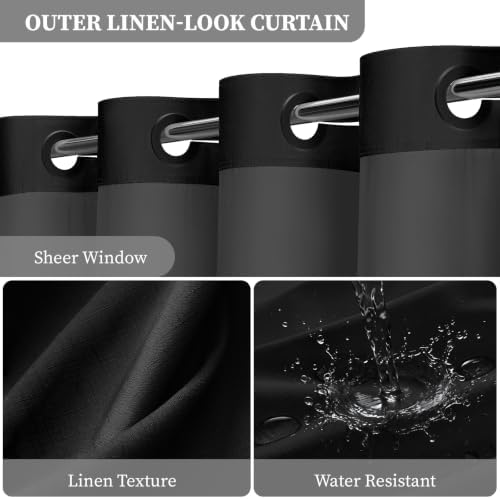 BTTN 84x75 Ringless Linen Textured Shower Curtain with Snap in Liner, Black