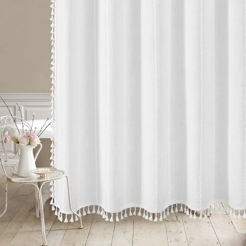 Boho Farmhouse Tassel Linen Shower Curtain,3D Embroidery Stripe White,72x78