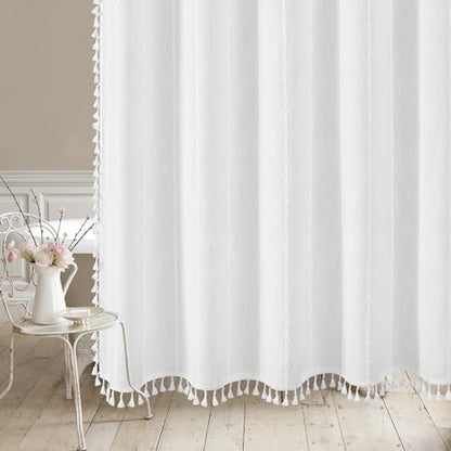 Boho Farmhouse Tassel Linen Shower Curtain,3D Embroidery Stripe White,72x84