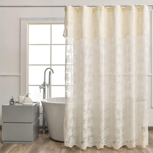 Ivory Cream Lace Shower Curtain 84 Inches Long with Attached Valance, 72x84