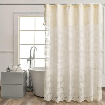 Ivory Cream Lace Shower Curtain 84 Inches Long with Attached Valance, 72x84