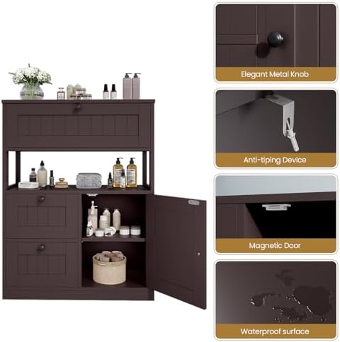 GRUSIGN Bathroom Cabinet, Modern Bathroom Floor Storage Cabinet Organizer with 1 Door and 3 Drawers, Freestanding Cupboard for Kitchen/Living Room Use
