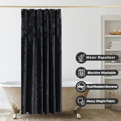 TAMGHO Black Shower Curtain for Bathroom, Luxury Crushed Velvet Shower Curtain Black, Dark Shower Curtain Set with Gold Decro Metal Hooks, Machine Washable Thick Fabric, 72 x 72 inches