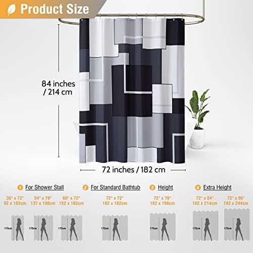 BTTN 72x84 Tall Modern Geometric Waterproof Fabric Shower Curtain, Black