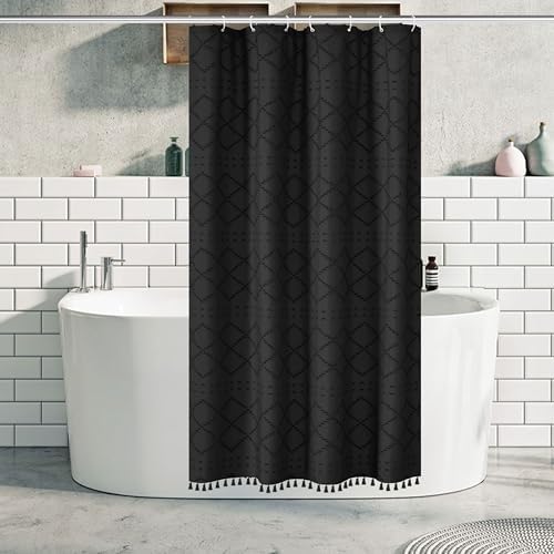 Stall Boho Black Woven Fabric Shower Curtain with Tassels 42 x 72 Modern Farmhouse Minimalist Tufted Chevron Striped Shabby Chic Textured, Water Resistant Curtain for Bathroom, Hotel Decor