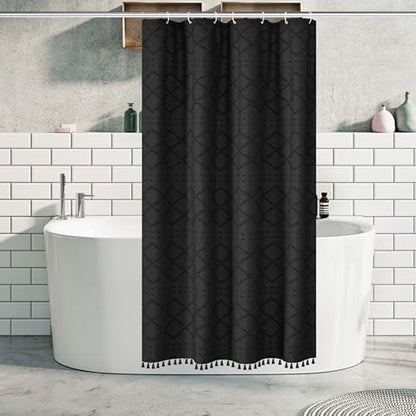 Stall Boho Black Woven Fabric Shower Curtain with Tassels 42 x 72 Modern Farmhouse Minimalist Tufted Chevron Striped Shabby Chic Textured, Water Resistant Curtain for Bathroom, Hotel Decor