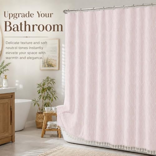 OVZME Pink Shower Curtain for Bathroom, Puff Printed Textured Shower Curtain with Tassels, Rustic Geometry Heavy Duty Vintage Country Bathroom Curtain, Water Resistant Fabric, 72Wx72L Inches