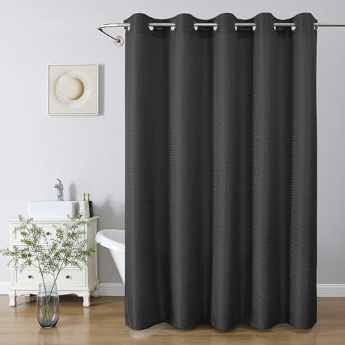 No Hook Waffle Shower Curtain, No Liner Needed Separate, 71x77 Inch, Black
