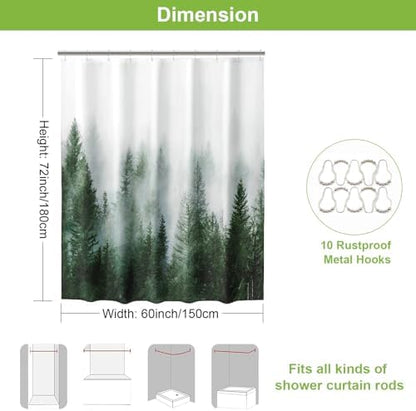 ORTIGIA 60x72 Misty Forest Stall Shower Curtain for Small Bathroom, Green Narrow Nature Woodland Shower Curtain Set with Hooks, Waterproof Fabric Pine Tree Fog Magic Home Bath Curtain