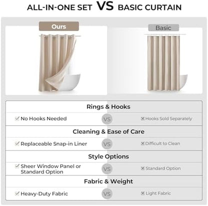 River Dream Linen Textured No Hooks Shower Curtain with Liner,Linen,71x80