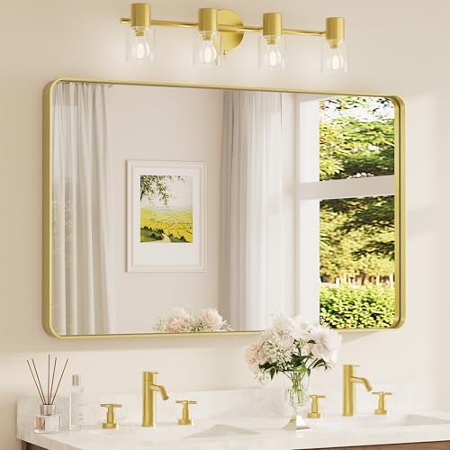TETOTE 48 x 30 Inch Bathroom Mirror, Brushed Gold Metal Framed Wall Mounted Mirrors, Brushed Brass Rectangle Modern Decorative Vanity Mirror (Horizontal/Vertical)