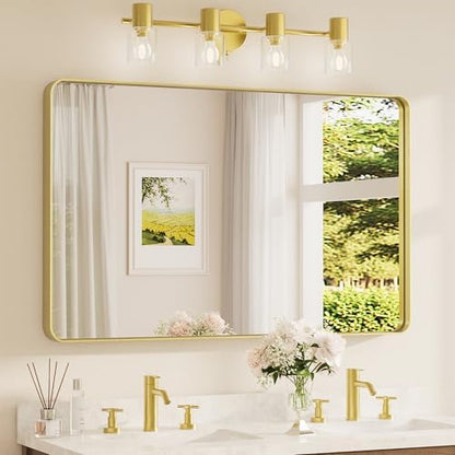 TETOTE 48 x 30 Inch Bathroom Mirror, Brushed Gold Metal Framed Wall Mounted Mirrors, Brushed Brass Rectangle Modern Decorative Vanity Mirror (Horizontal/Vertical)