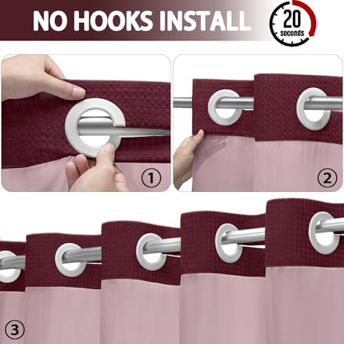 No Hook Shower Curtain with Liner Set Hotel Waffle Burgundy 72W X 75L