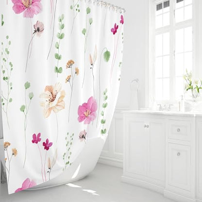 Gibelle Pink Green Beige Watercolor Floral Fabric Shower Curtain, 72x72