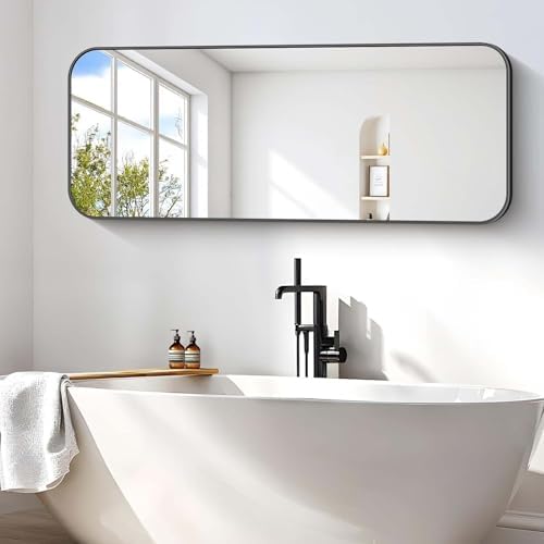 Bathroom Mirror, 60 x 24 inch Metal Framed Black Rectangle Mirror, Rounded Corner Rectangular Vanity Mirror, Large Wall Mounted Mirror for Modern Bedroom Living Room Horizontal or Vertical