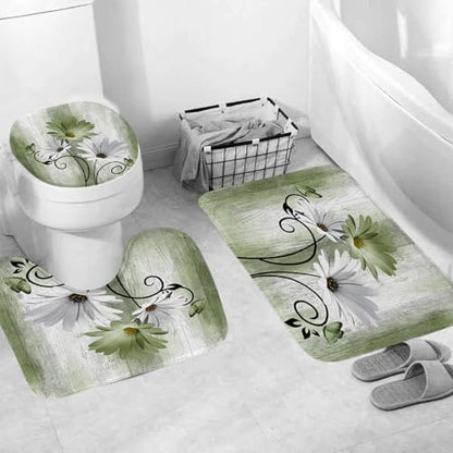 Onalasyc 4PCS Grass Green Daisy Bathroom Sets with Shower Curtain and Rugs