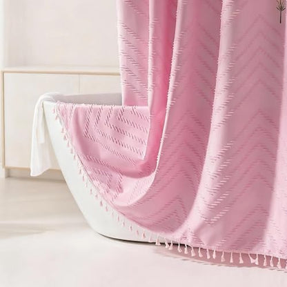 Siiluminisoy Extra Long Shower Curtains 72 x 84 Inches Tufted Chevron Pink Shower Curtains Fabric for Bathroom Modern Shabby Chic Waterproof Cloth Shower Curtain