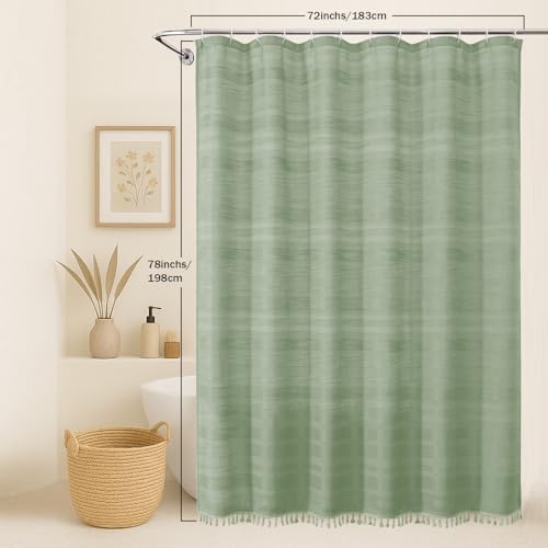 OVZME Light Green Shower Curtain 78 Inch Long, Boho Thick Linen Textured Shower Curtain with Tassel, Farmhouse Minimalist Striped Weighted Machine Washable Bathroom Decor, 72Wx78L Inches
