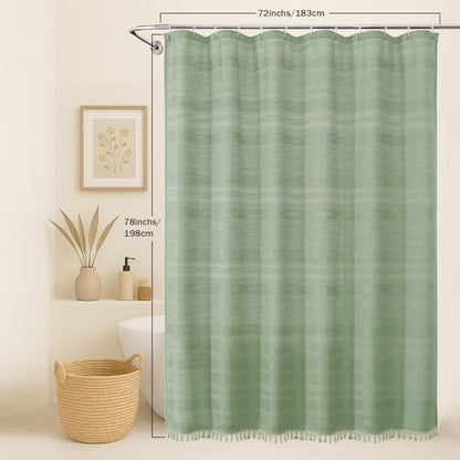OVZME Light Green Shower Curtain 78 Inch Long, Boho Thick Linen Textured Shower Curtain with Tassel, Farmhouse Minimalist Striped Weighted Machine Washable Bathroom Decor, 72Wx78L Inches