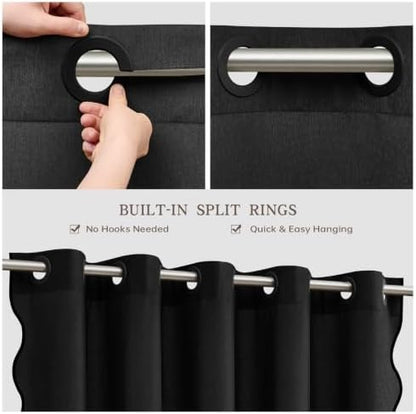 Furlinic No Hook Black Scalloped Shower Curtain Waterproof Fabric W78 x H75