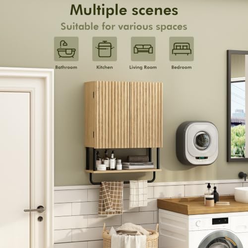 RUSTOWN Fluted Bathroom Wall Cabinet with 2 Doors, 3-Tier Medicine Cabinet