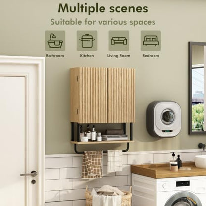 RUSTOWN Fluted Bathroom Wall Cabinet with 2 Doors, 3-Tier Medicine Cabinet
