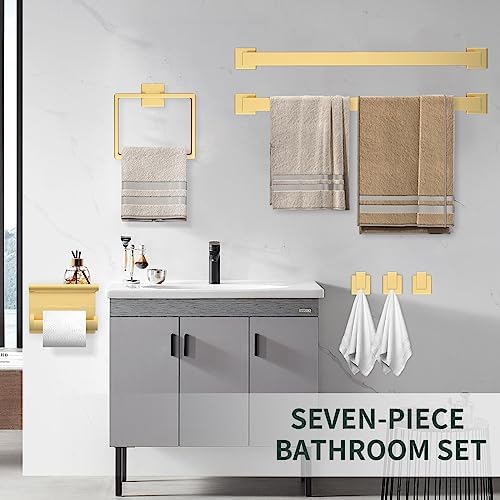 Dorudon atrox 7 Piece Gold Bathroom Hardware Set with Brushed Gold Bathroom Accessories - Square 2 Towel Bars Towel Rack Stainless Steel 23-Inch