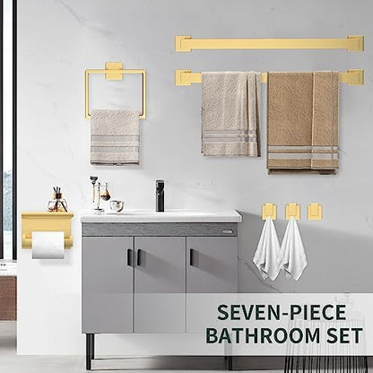 Dorudon atrox 7 Piece Gold Bathroom Hardware Set with Brushed Gold Bathroom Accessories - Square 2 Towel Bars Towel Rack Stainless Steel 23-Inch