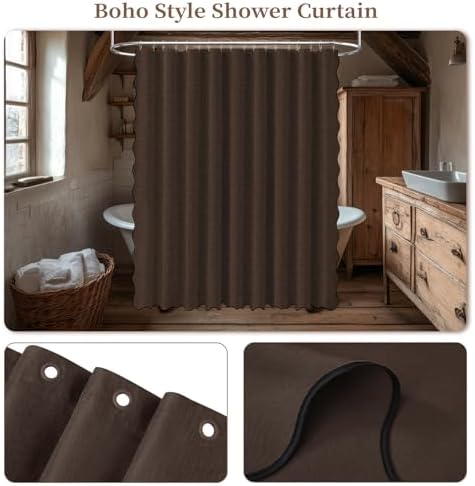 BTTN 108x72 Boho Scalloped Linen Textured Cloth Shower Curtain Set, Brown