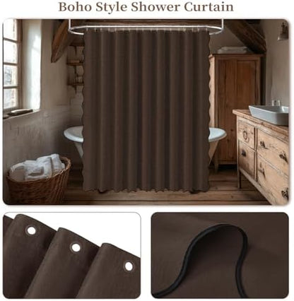 BTTN 108x72 Boho Scalloped Linen Textured Cloth Shower Curtain Set, Brown