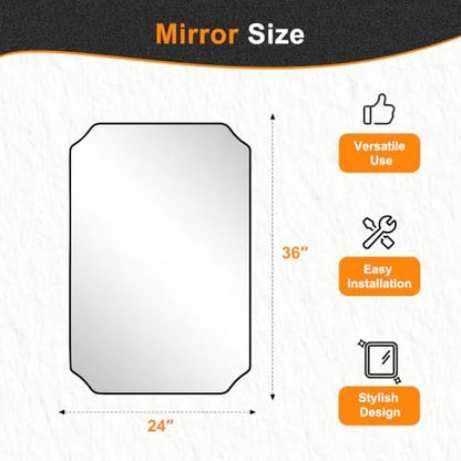 Delma Bathroom Vanity Mirror, Black Framed Aluminum Bathroom Mirror for Over Sink, Scalloped Round Corner Wall Mirror, High-Definition Vanity Mirror, Hangs Horizontally or Vertically (36x24,Black)