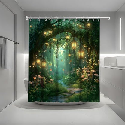 Fantasy Forest Path Shower Curtain Fairy Magical Enchanted Misty Jungle Mushroom Floral Tree Butterfly Lantern Wonderland Bath Curtain Fabric Bathroom Accessories Decor with Hooks 70W x80L