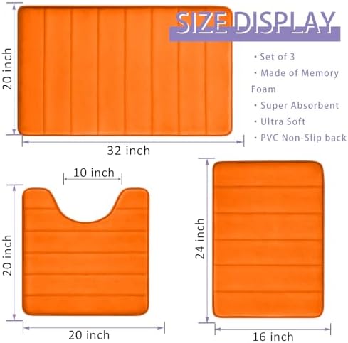 Orange Bathroom Rugs Extra Soft Memory Foam Bath Mat Sets 3 Piece Non Slip Absorbent & Dry Living Mat Sets Washable Bath Carpets with Toilet Rug,Bath Rugs for Bathroom,Tub,Shower,Kitchen,Bedroom