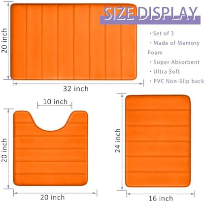 Orange Bathroom Rugs Extra Soft Memory Foam Bath Mat Sets 3 Piece Non Slip Absorbent & Dry Living Mat Sets Washable Bath Carpets with Toilet Rug,Bath Rugs for Bathroom,Tub,Shower,Kitchen,Bedroom