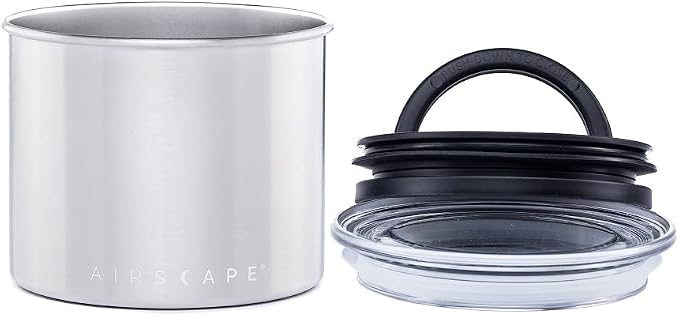 AirScape Planetary Design Stainless Steel Coffee Canister | Food Storage Container | US Patented Airtight Lid | Push Out Excess Air Preserve Food Freshness (Small, Brushed Steel)