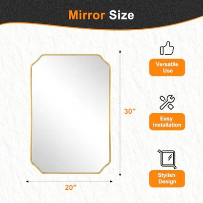 Delma Bathroom Vanity Mirror, Black Framed Aluminum Bathroom Mirror for Over Sink, Scalloped Round Corner Wall Mirror, High-Definition Vanity Mirror, Hangs Horizontally or Vertically (30x20,Gold)