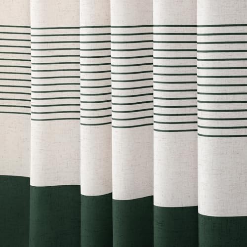 Dark Green Boho Linen Striped Shower Curtain with Tassel 72"W X 72"L