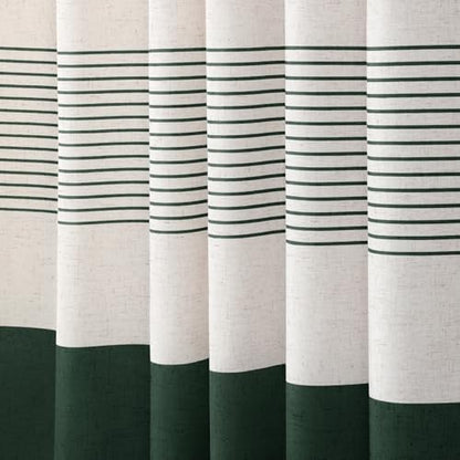 Dark Green Boho Linen Striped Shower Curtain with Tassel 72"W X 72"L