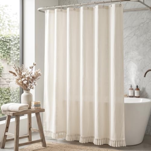 Linen Shower Curtain Boho Cream Shower Curtain with Tassels 72"W x 84"L