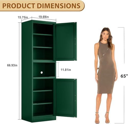 Tall Metal Narrow Bathroom Storage Cabinet 67" H, Tall Green Pantry Cabinets with 4 Adjustable Shelves and 2 Doors for Kitchen, Home Office, Living Room, Dining Room(20 inches Wide)