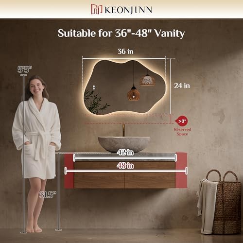 Keonjinn 24" x 36" Asymmetrical Backlit Bathroom Mirror, HD Tempered Glass
