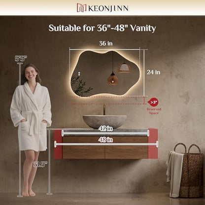 Keonjinn 24" x 36" Asymmetrical Backlit Bathroom Mirror, HD Tempered Glass