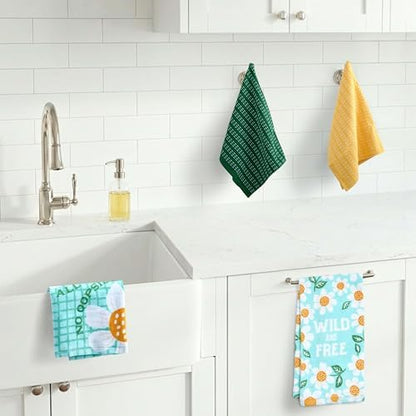 Ritz 4-Piece Kitchen Towel Set, All Daisies & Wild and Free Floral Prints with Pine Green & Yellow Textured Terry, 100% Cotton & Absorbent Blend, 16" x 26", Boho Spring Daisy Kitchen Decor