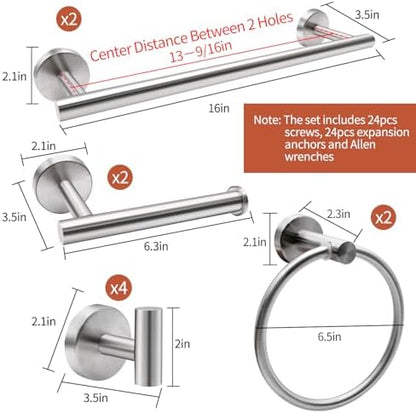 10pcs Bathroom Hardware Set, Brushed Nickel Bathroom Hardware Set, Including 16" Hand Towel Bars, Toilet Paper Holders, Towel Rings, Robe Towel Hooks