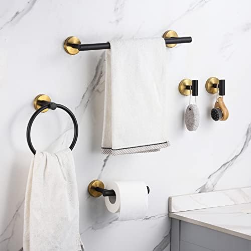 Bathroom Hardware Set Black and Gold，Towel Bar Set Including 2pcs 16inch Towel Bars, 2pcs Toilet Paper Holders, 2pcs Towel Rings and 4pcs Robe Towel Hooks