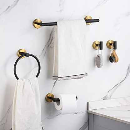 Bathroom Hardware Set Black and Gold，Towel Bar Set Including 2pcs 16inch Towel Bars, 2pcs Toilet Paper Holders, 2pcs Towel Rings and 4pcs Robe Towel Hooks
