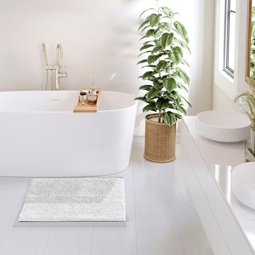 Hearth & Harbor Bathroom Rugs, Chenille Bath Mat - Machine Washable Bath Mats for Bathroom Non-Slip Backing Rubber, Quick Dry Bathroom Mat - Off-White Bath Rug, 17x24