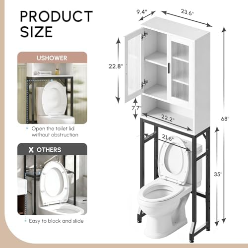 USHOWER White Over The Toilet Storage Cabinet with Glass Doors