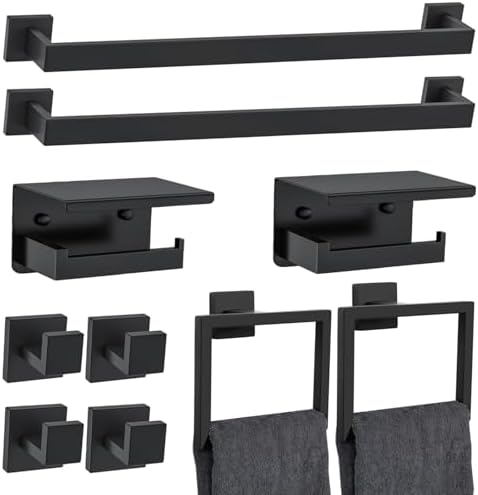 10 Pieces Black Towel Bar Set Bathroom Hardware Accessories Set Upgraded Toilet Paper Holder with Shelf Towel Holder Set for Bathroom Stainless Steel Wall Mounted 23.6in