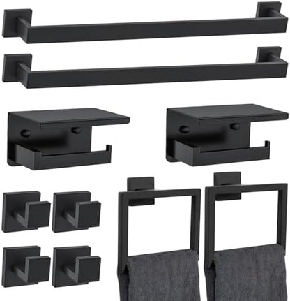 10 Pieces Black Towel Bar Set Bathroom Hardware Accessories Set Upgraded Toilet Paper Holder with Shelf Towel Holder Set for Bathroom Stainless Steel Wall Mounted 23.6in